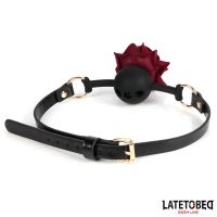 LateToBed Ballgag i guldfarvet metal med rose, billede 3