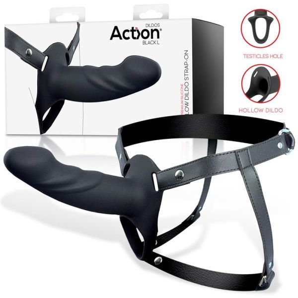 Action strap-on com dildo oco silicone premium (preto)