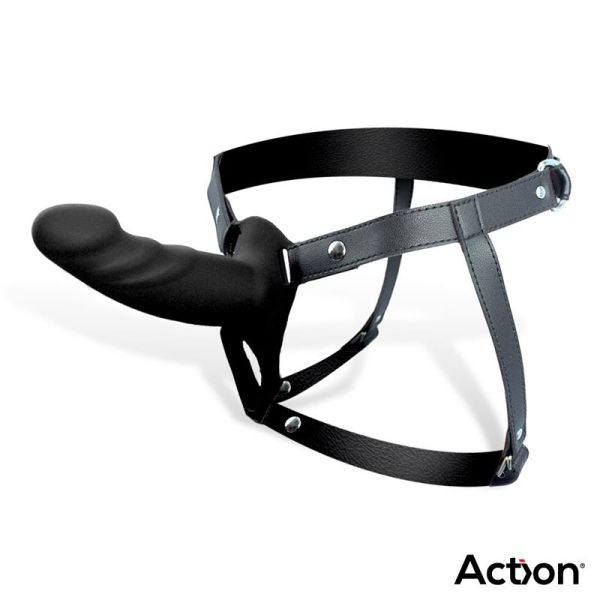 Action Strap-on mit Hohldildo Premium-Silikon (Schwarz)